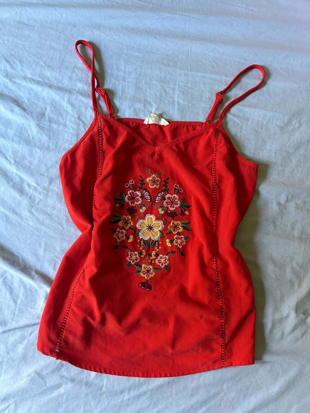 E&M Red Floral Embroidered Spaghetti Strap Cami Top
